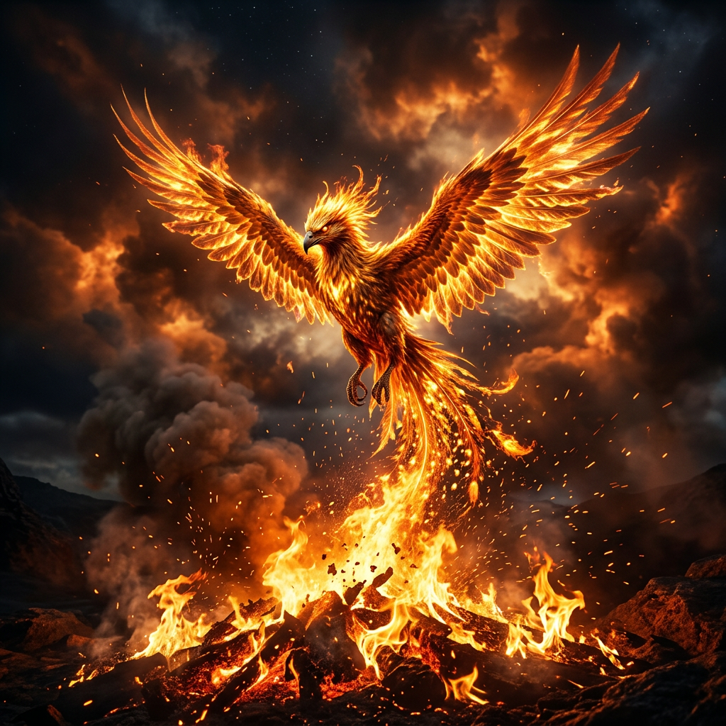 A phoenix bird made of fire and flames rising from a burning pile of wood with dark stormy clouds in the background
