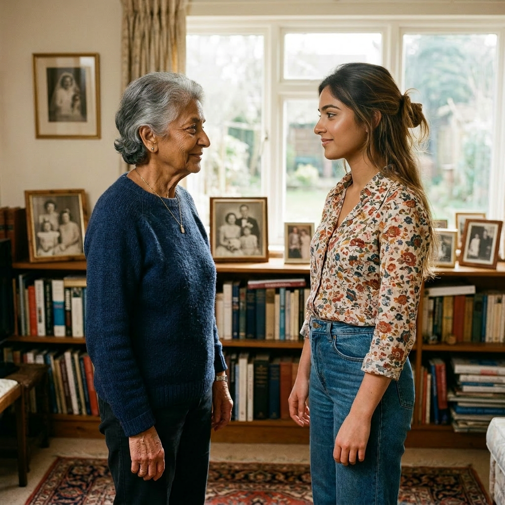 Elderly woman and young woman facing each other in a home library with family photos on shelves