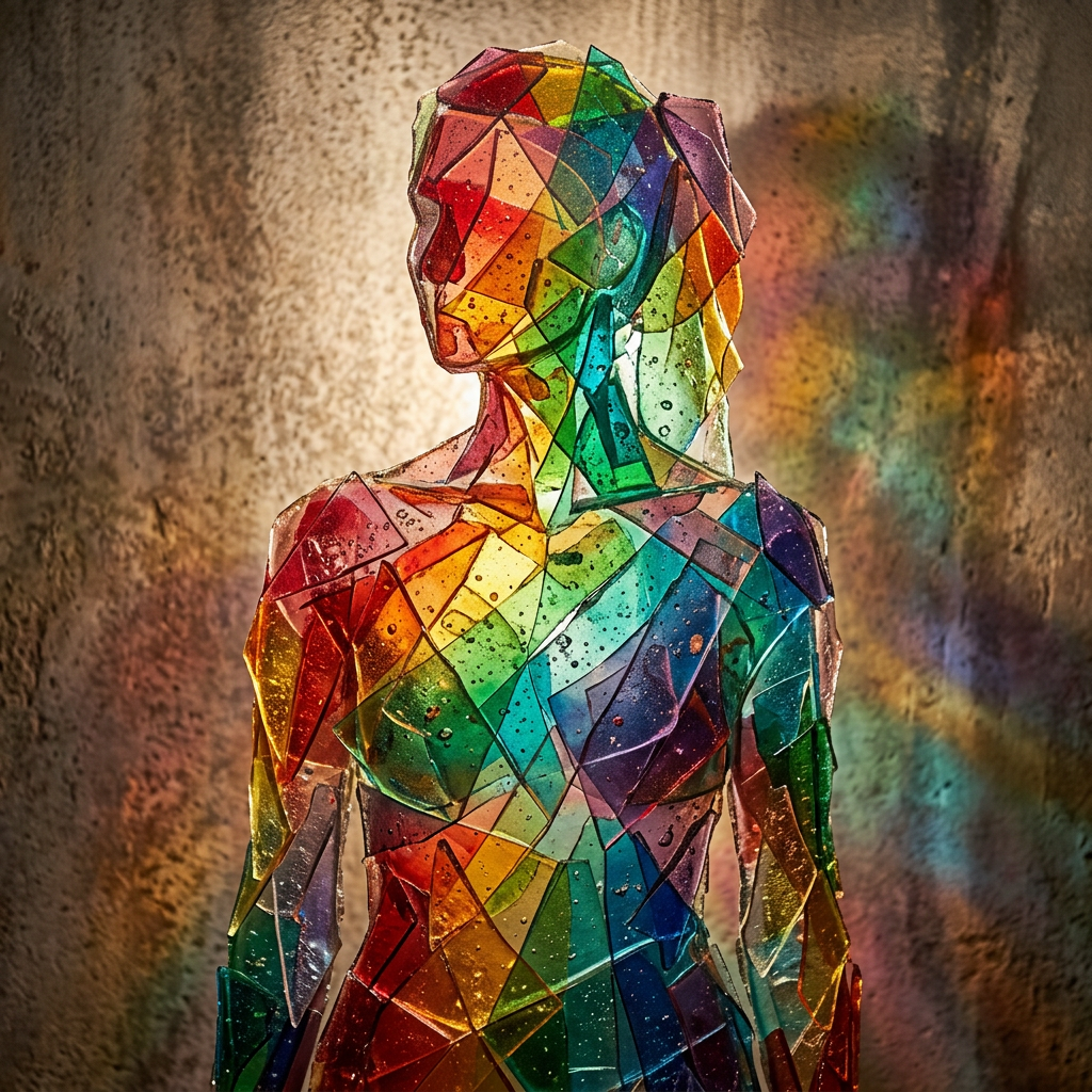 Stained glass sculpture of a human figure made from colorful fragmented glass pieces
