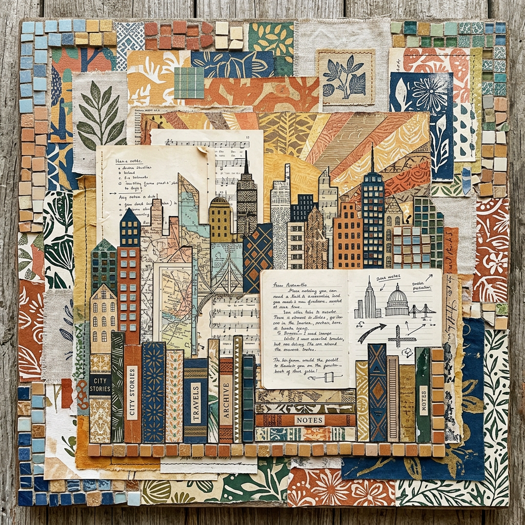 Collage of city buildings and handwritten notes made from colorful patterned paper pieces