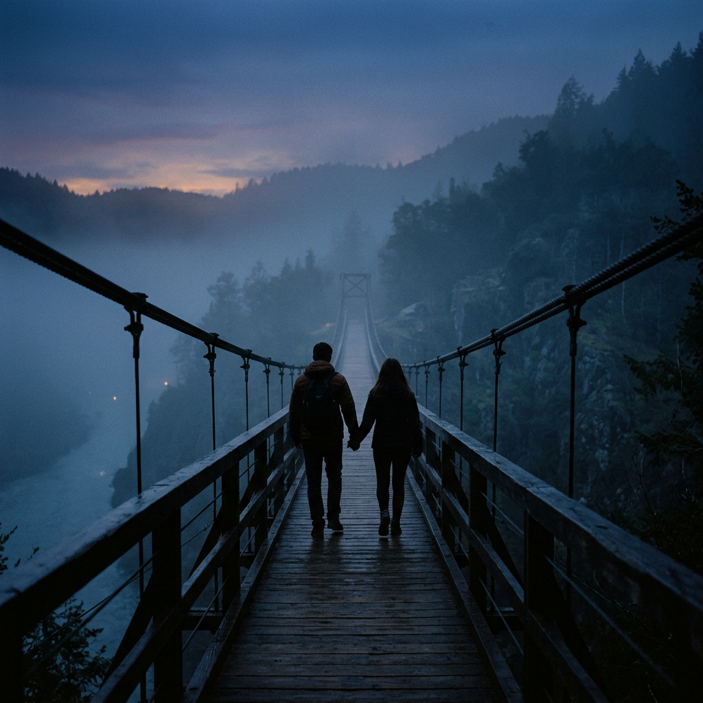 Couple holding hands walking across a suspension bridge surrounded by mist and forested hills.