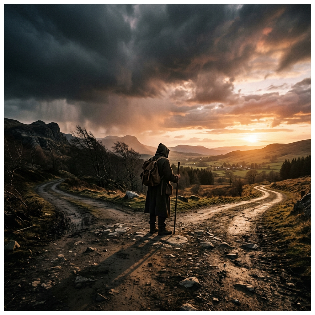 Person standing at a fork in a dirt road looking at sunset over distant hills