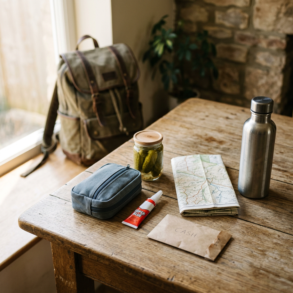 Backpack, map, water bottle, toiletry pouch, glue, pickle jar, and cash on wooden table