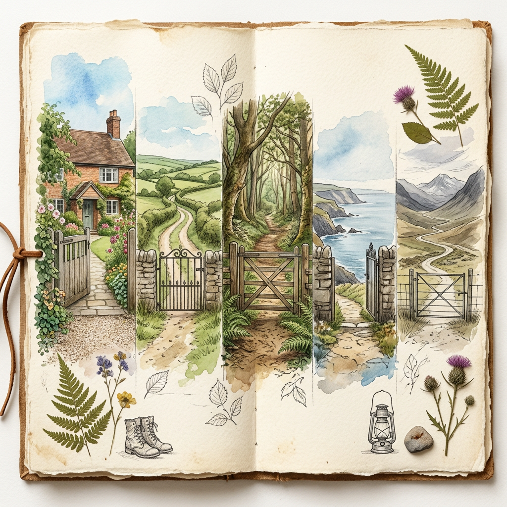 Vintage nature journal showing cottage, countryside, forest, coast, and mountain paths