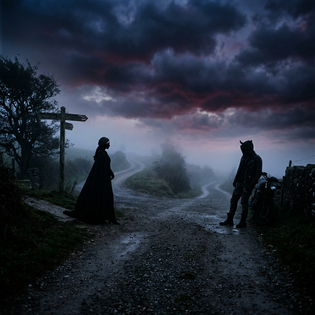 Two cloaked figures meet beside a motorcycle on a misty country road