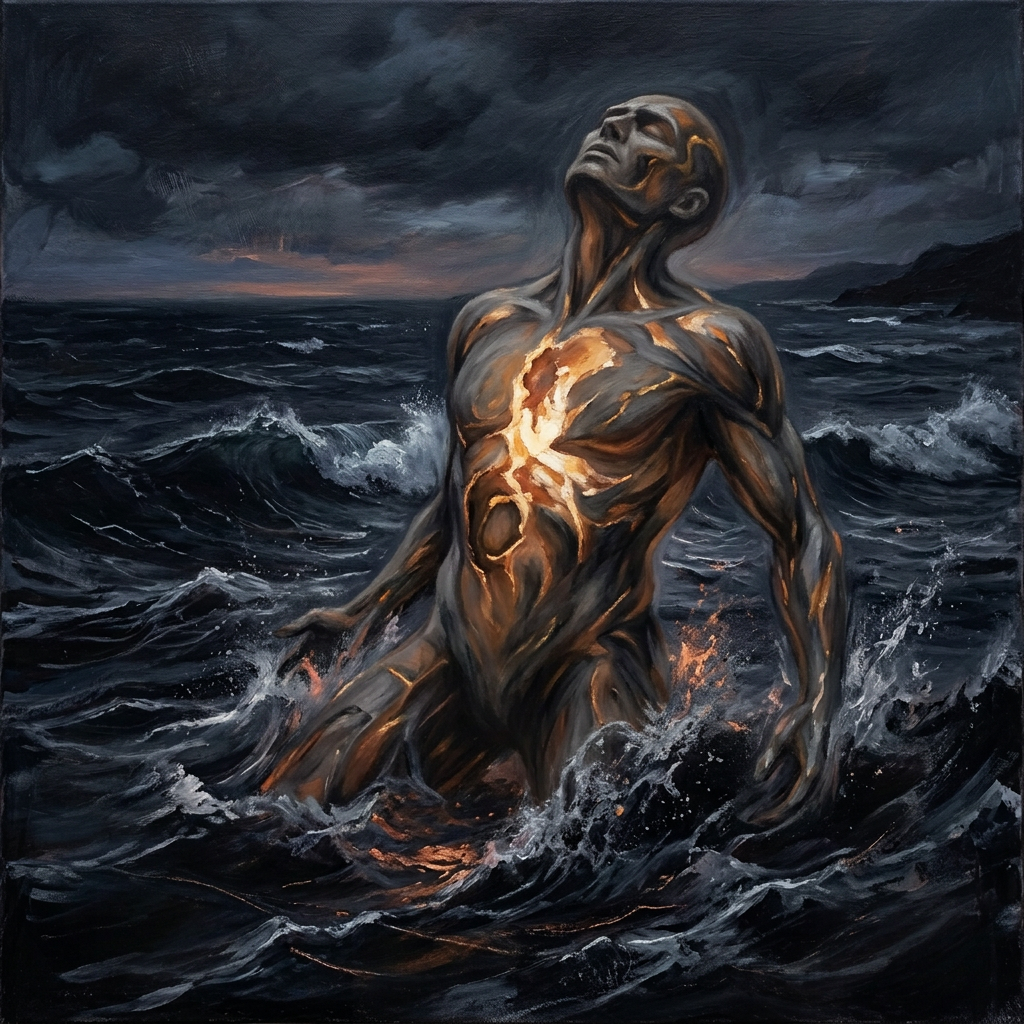 Molten armored sea guardian emerging from stormy ocean waves