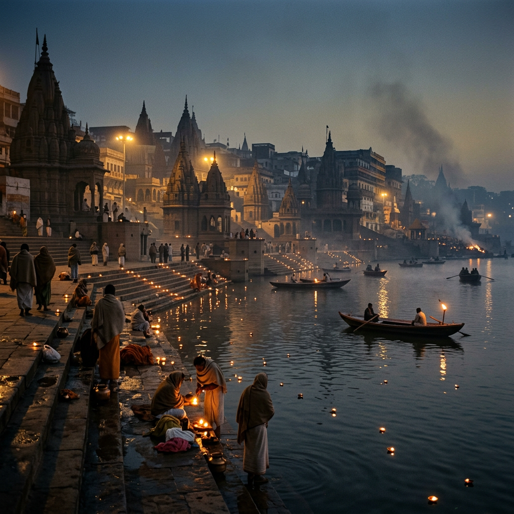 People lighting lamps beside temple-lined river steps while boats float nearby