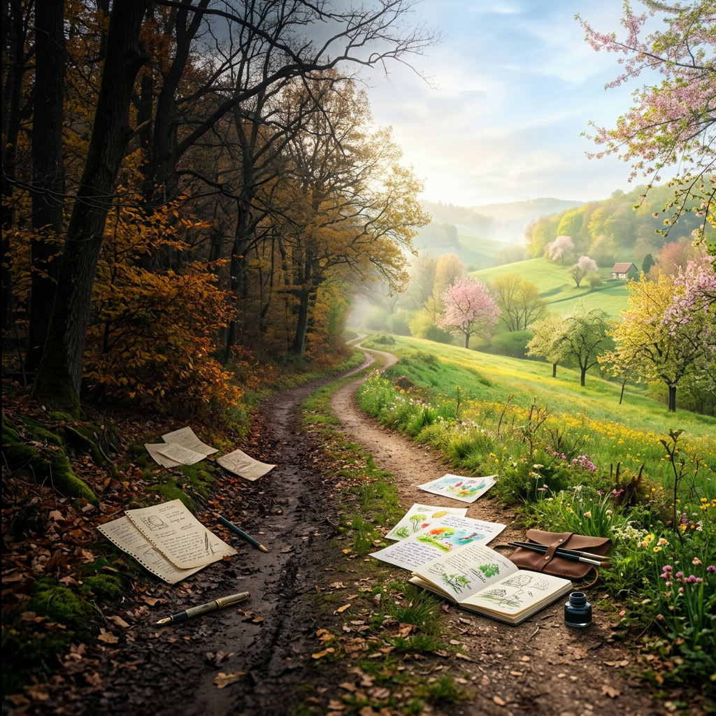 Open sketchbooks and art supplies beside a woodland path overlooking flowering spring meadows