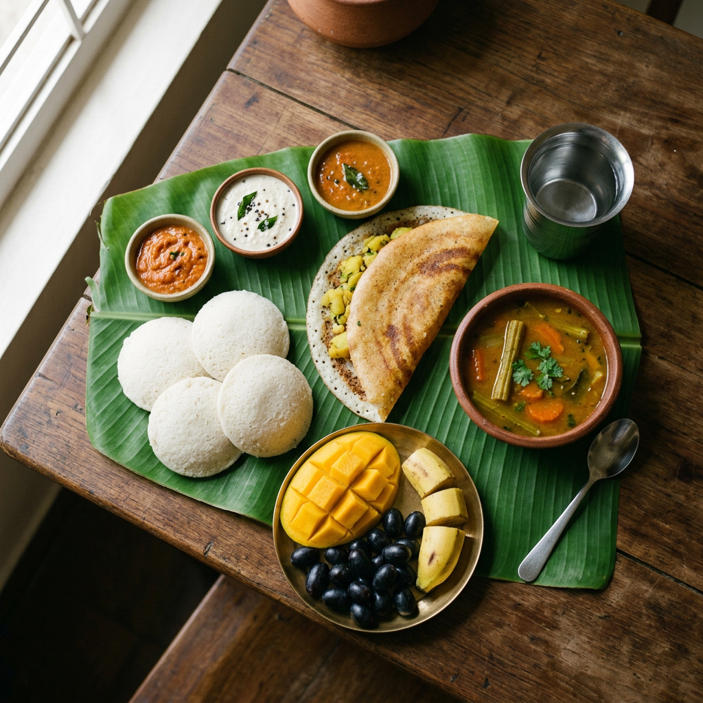 South Indian breakfast with dosa, idlis, chutneys, sambar, and fruit