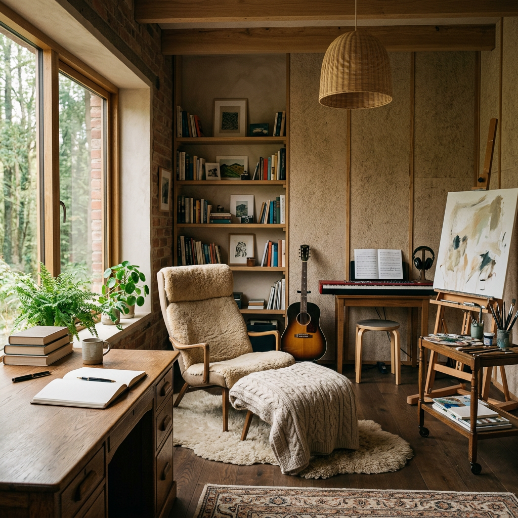 Cozy wood-paneled studio with books, armchair, guitar, keyboard, and easel