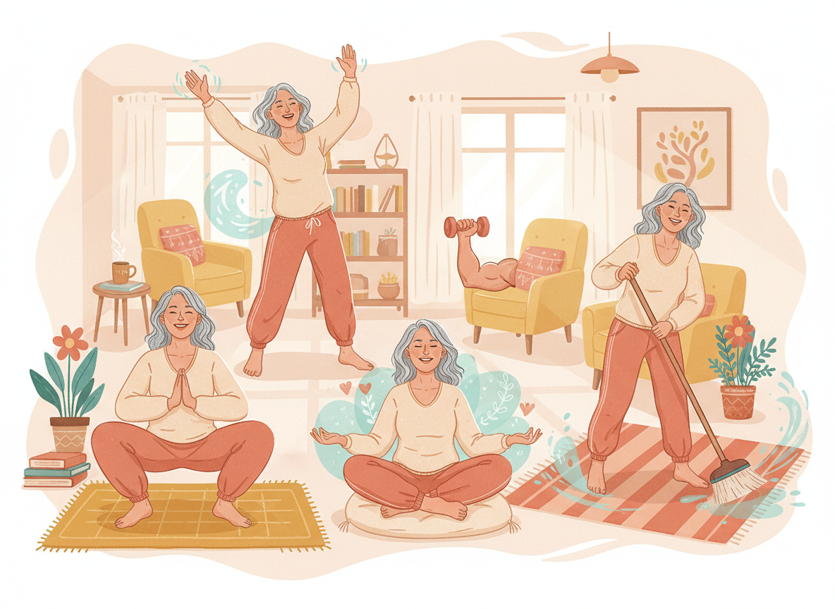 Movement : A warm, lively editorial illustration for a personal blog post about five simple ways to exercise at home: a deep yogic squat, gentle qigong movement, seated meditation and deep breathing, a home workout with light dumbbells, and energetic household chores like sweeping and mopping. Show one joyful middle-aged woman in a bright, welcoming home, with the five activities flowing together in a cohesive scene. Natural movement, expressive but realistic, cozy domestic details, optimistic and humorous mood, earthy coral, mustard, teal, and cream palette. No text, no labels, no logos, no watermark.