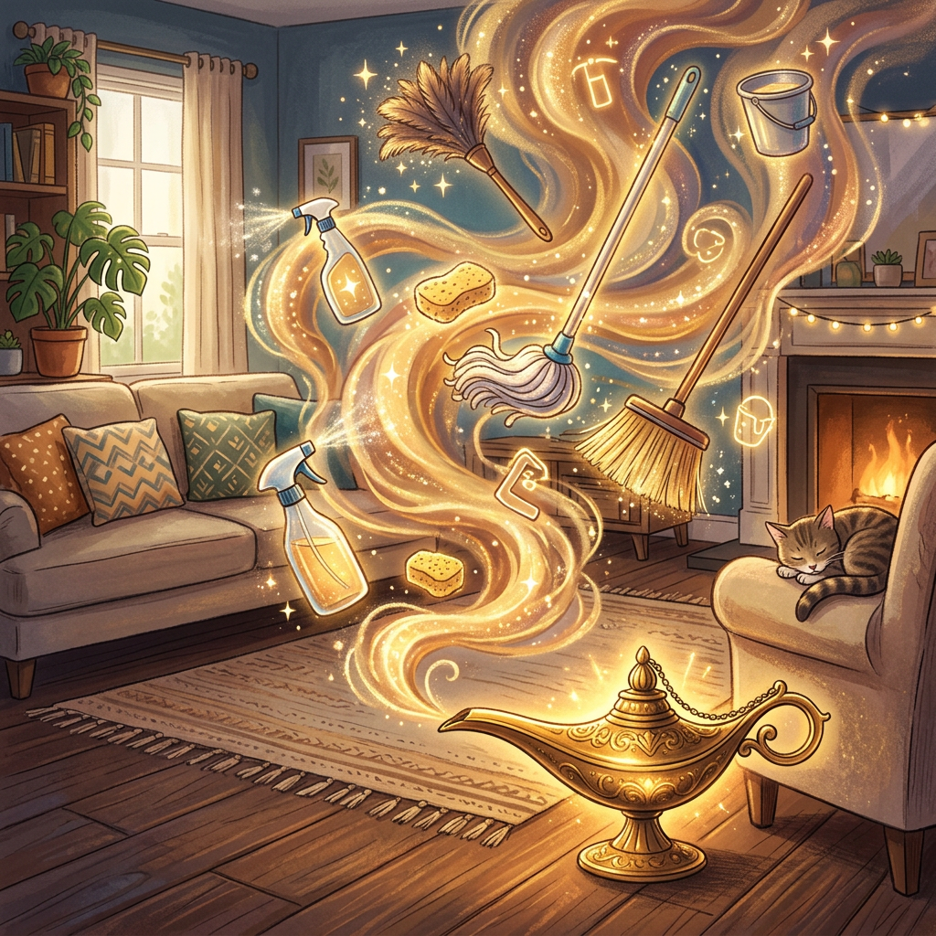 Magical golden cleaning swirl with supplies, furniture, fireplace, and sleeping cat