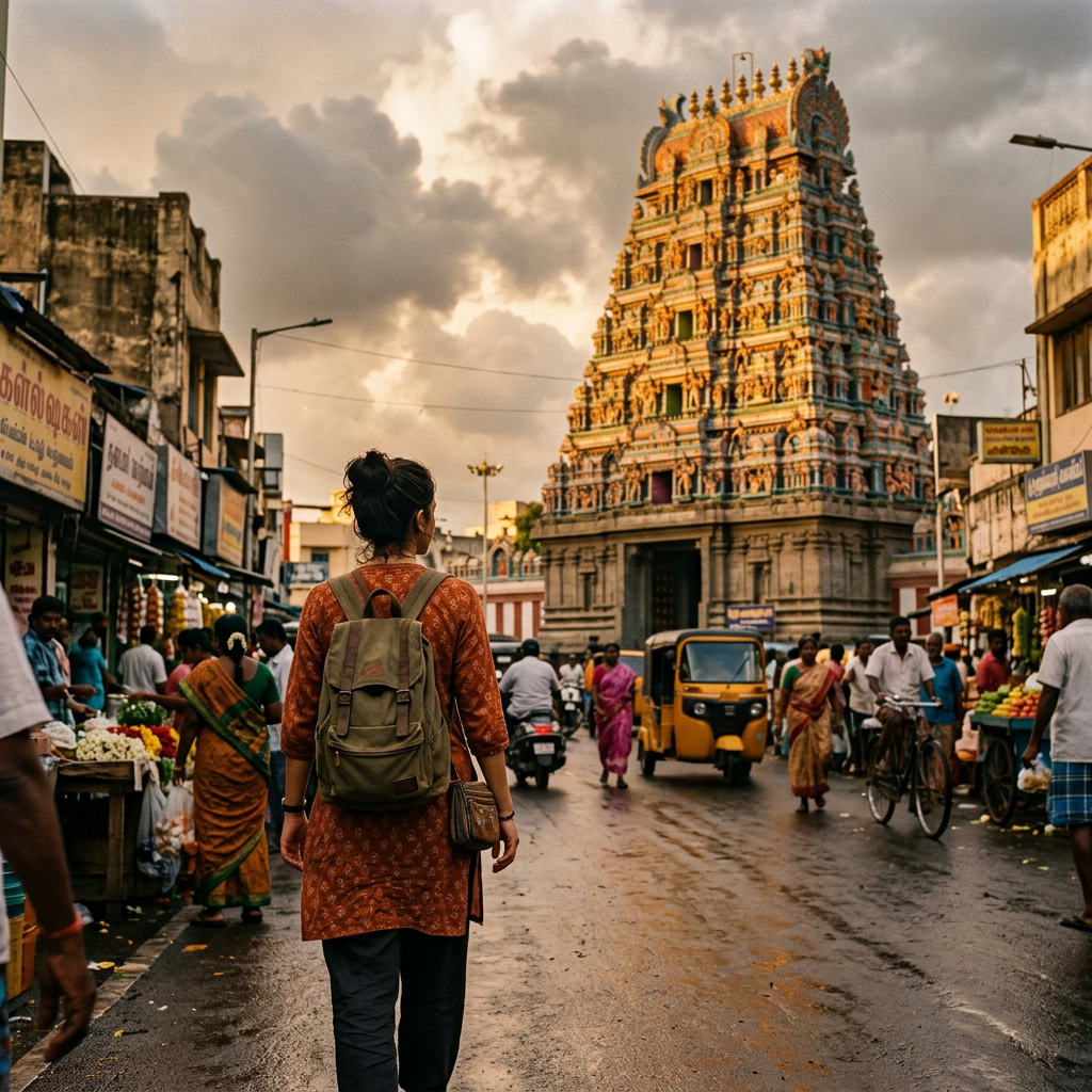 Traveler walking through a busy market toward an ornate South Indian temple tower