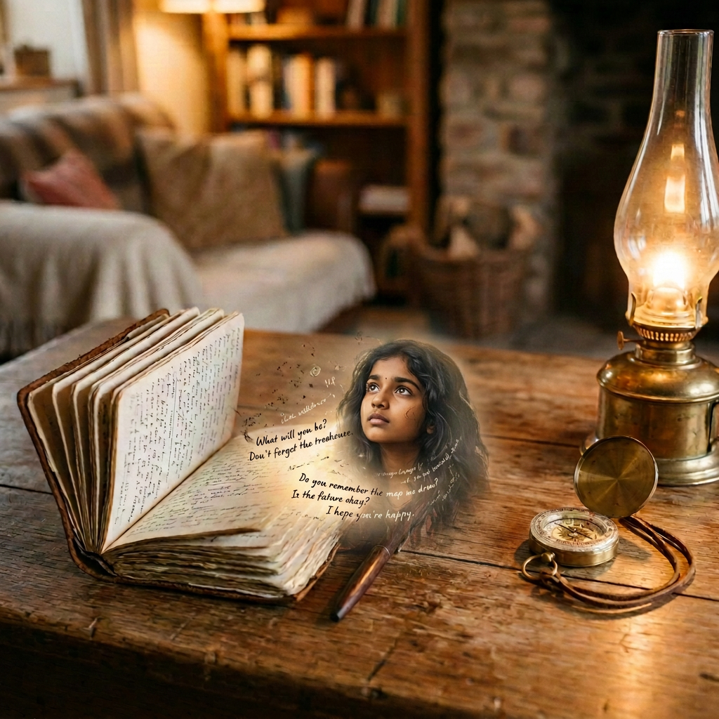 Open handwritten journal, wildflower bouquet, and lit oil lamp on wooden table