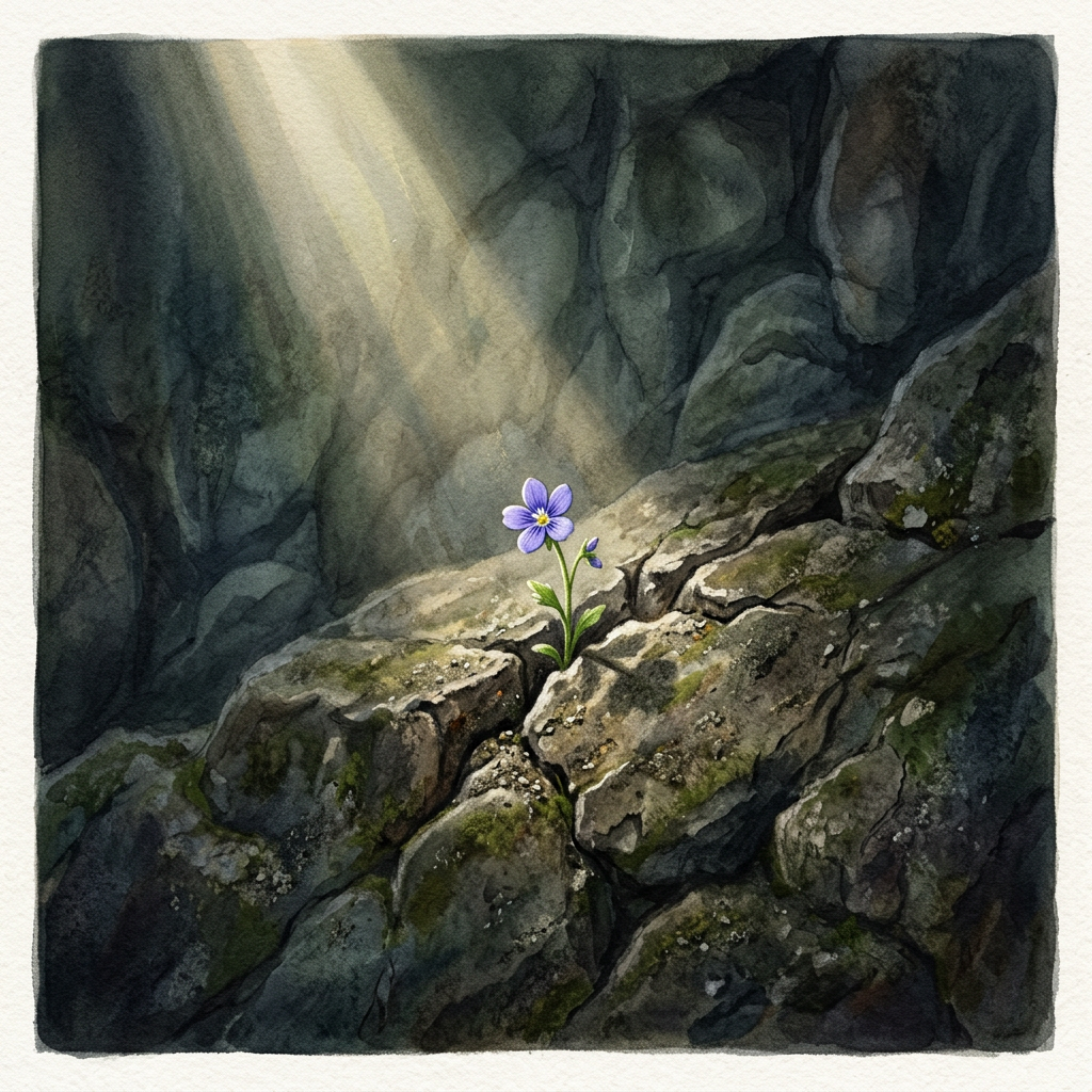 Purple wildflower growing between moss-covered rocks in a dark forest