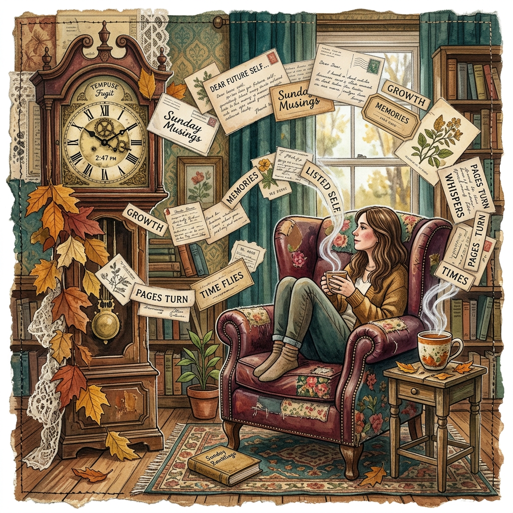 Woman drinking tea in a cozy reading nook labeled Sunday Musings, Growth, and Memories